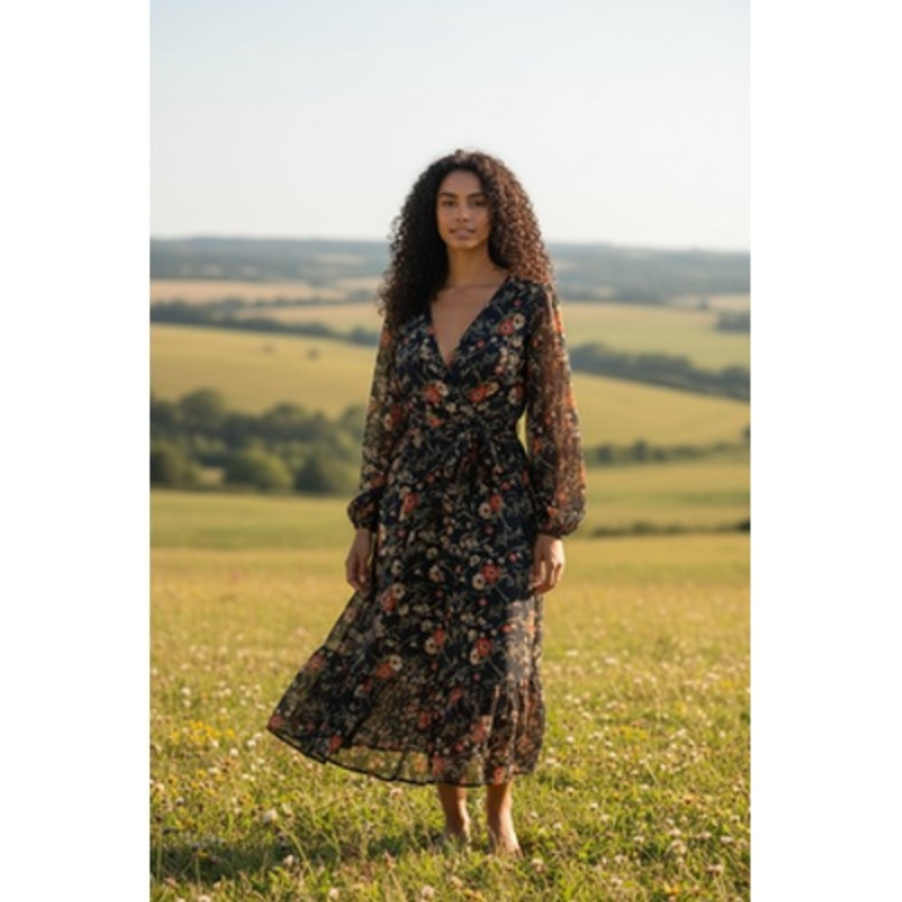 Nine Britton Womens LP V Neck Long Sleeve Floral Wrap Midi Dress Cottagecore